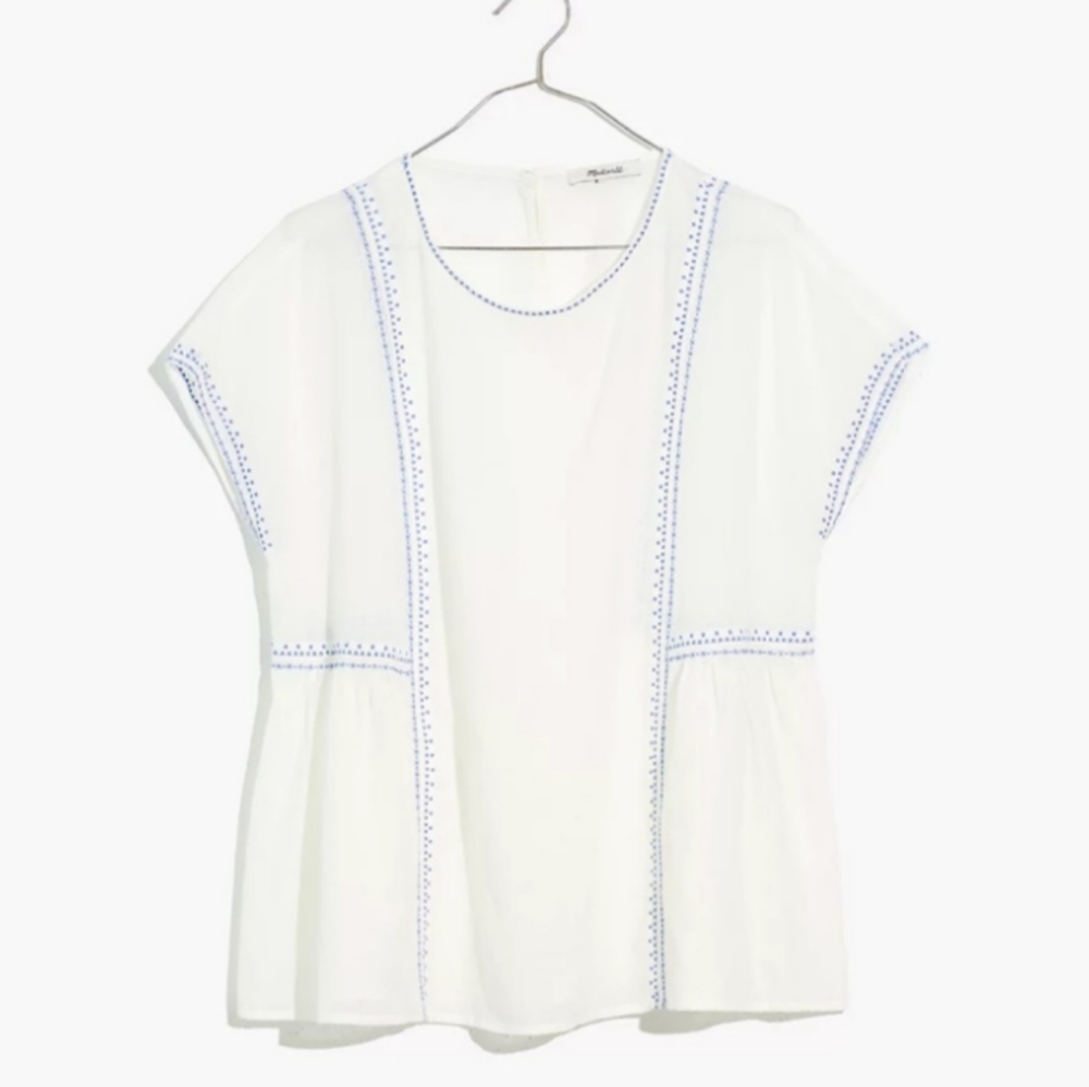 Madewell embroidered crew neck folk top in white and blue SIZE XL style AK067